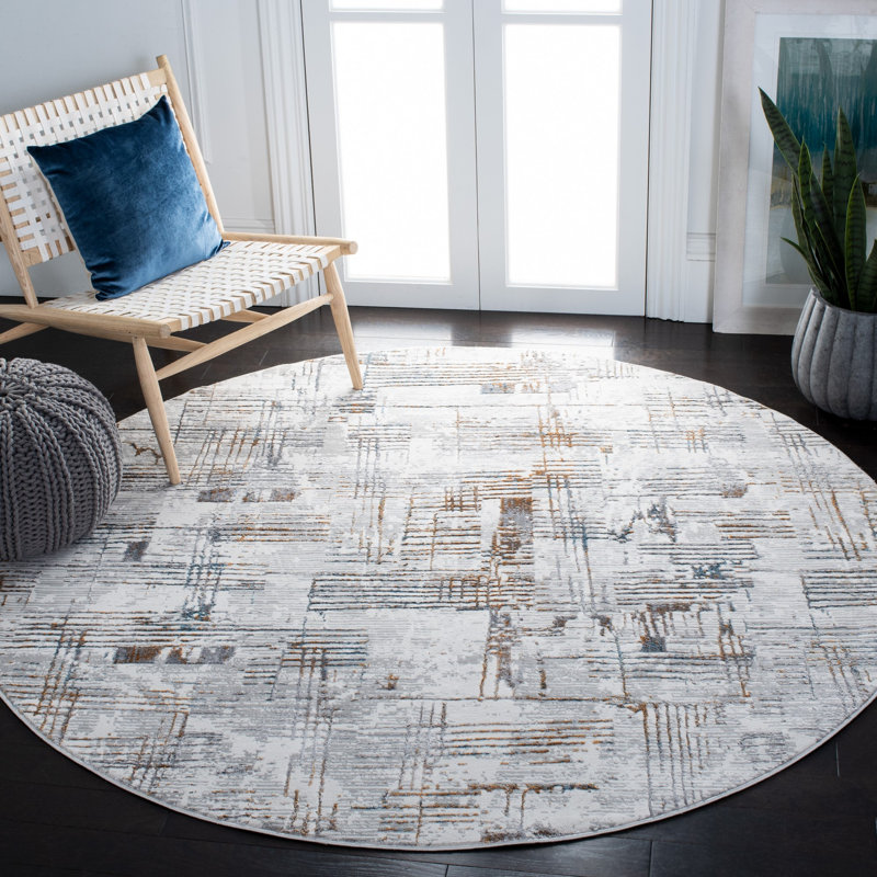 Tapis abstrait gris / ivoire, Rond 6 pi 7 po