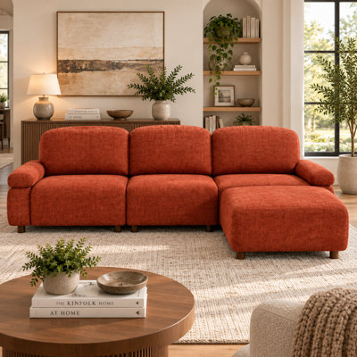 111" Modern Modular Sectional Sofa, Chenille Upholstered L-Shaped Couch with Removable Ottoman and Deep Seating, Dark Orange
