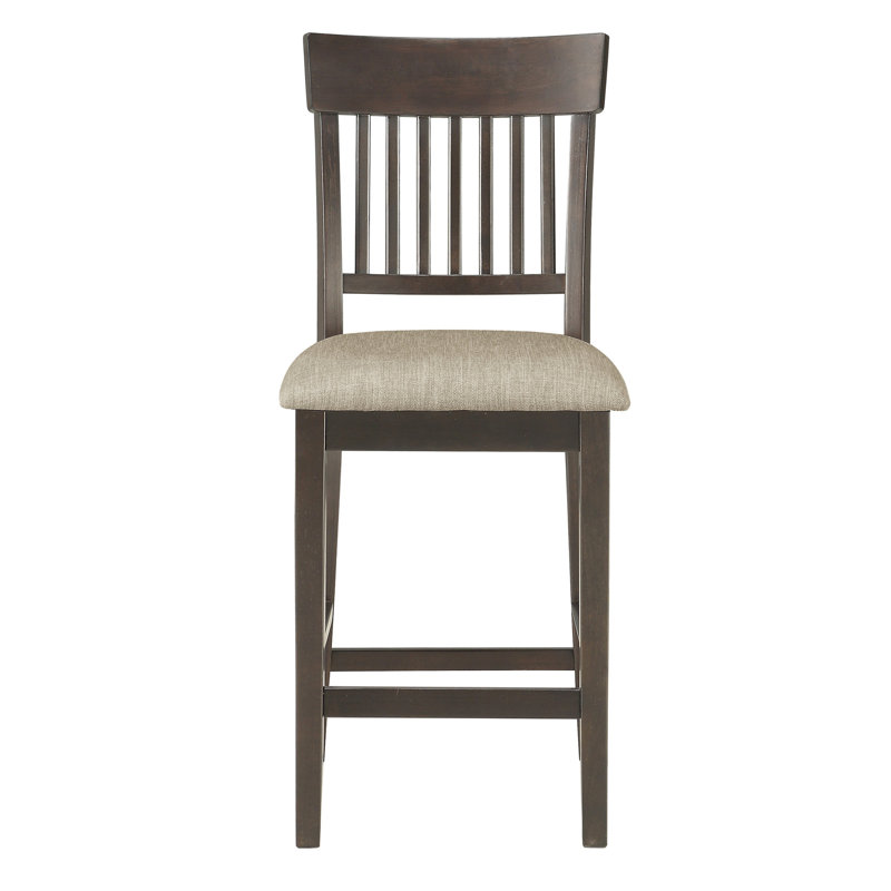 Fauteuil de hauteur comptoir 2 pièces, finition brun foncé, coussin de siège en tissu, paire de chaises à dossier à lattes, siège, design, essentiel pour la salle à manger