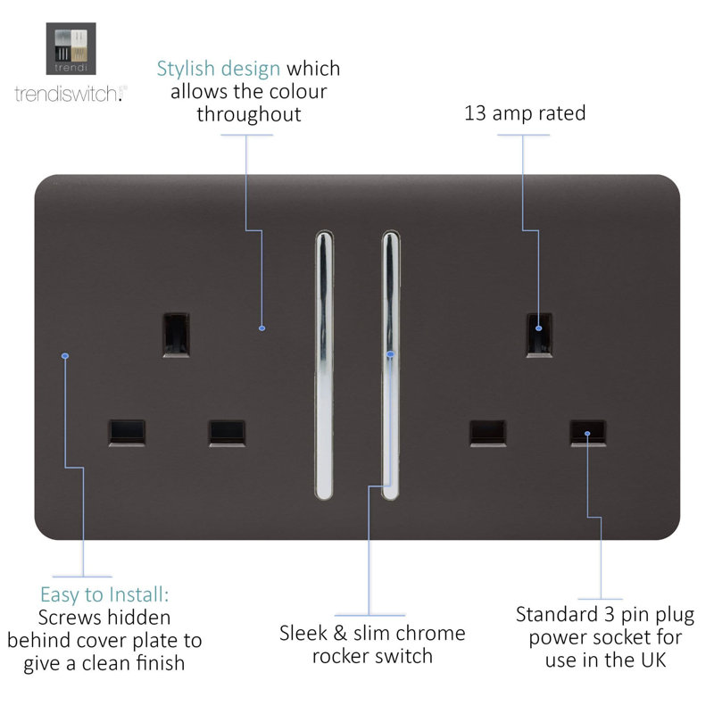 Trendi Switch 2 Gang Long Switched Plug Socket, Dark Brown