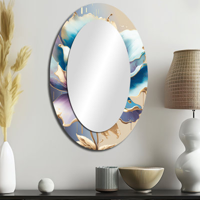 Glace bleue et mauve, aquarelle, fleur II - miroir décoratif ovale floral sur métal