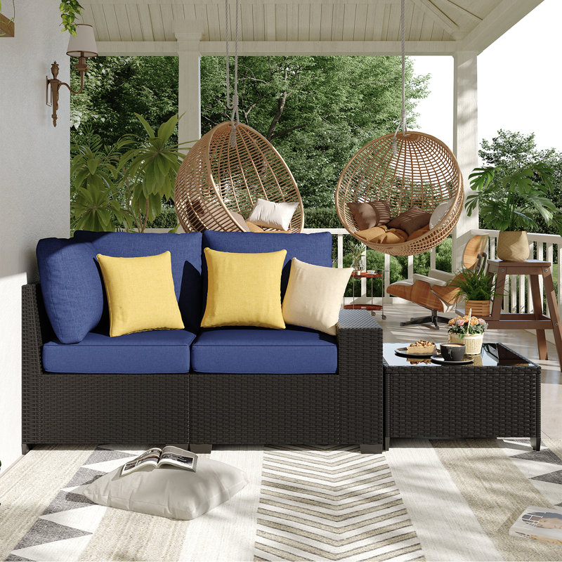 2 -Person Rattan Patio Safo With Cushions, Navy, Black
