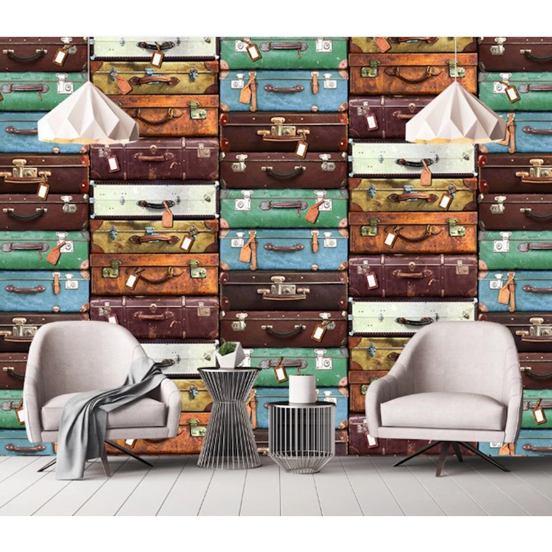 Papier peint coloré avec valises à l'ancienne, L 9 po x l 15 po
