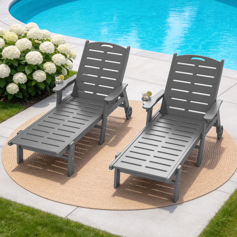 HDPE Outdoor Chaise Lounge – 5-Position Adjustable with Wheels & Cup Holder, Gray