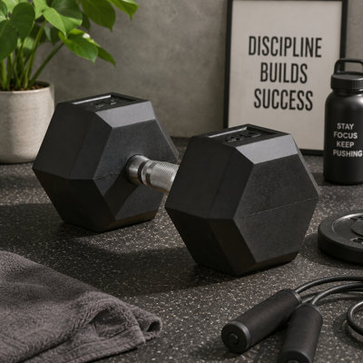 Haltères hexagonales en caoutchouc noir durable de 40 livres - Équipement de musculation pour la salle de sport, la maison et le bureau.