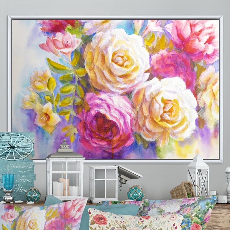 Pivoines et roses Bouquet II - reproduction sur toile, H 24 po x l 36 po x P 1 po, Cadre flottant blanc