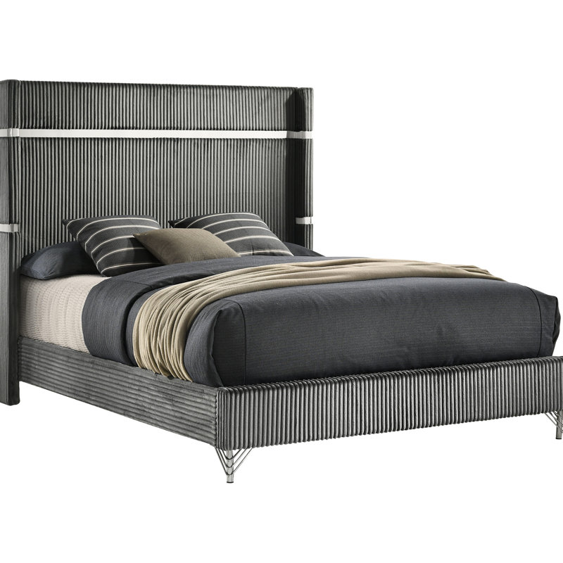Queen Bed With Wingback, Grey Upholstery, Trim And Refined Bedroom Ambiance Design Upholstered In Grey, - Accented For Modern Decor