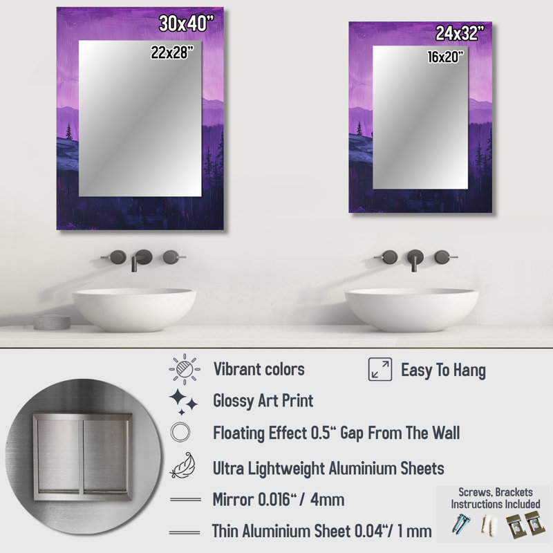Ours au crépuscule dans la forêt I - miroir mural unique, miroir mauve, reproduction d'art en métal, 32 po x 24 po