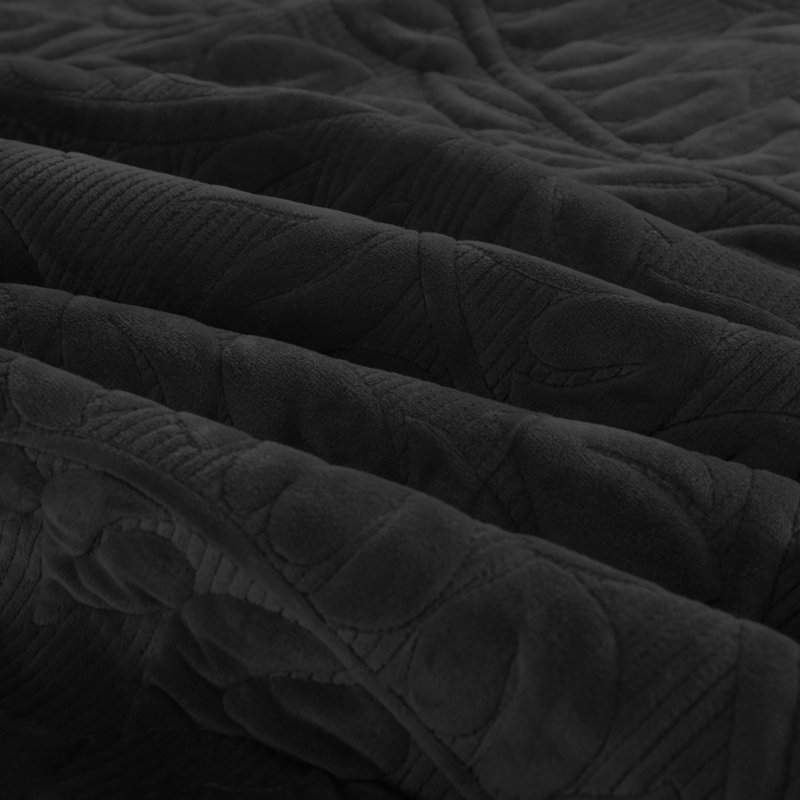 Marcielo Oversized Embroidered Velvet Quilt Set With 2 Pillow Shams, Black, King Quilt + 2 King Shams