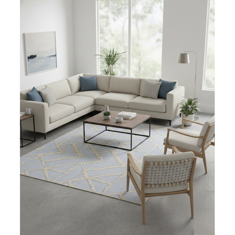 Jonahs Handmade Blue Wool Area Rug, Rectangle 5' x 8'