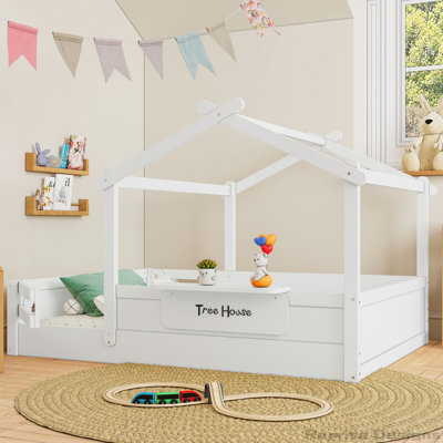 Charmant lit simple en forme de maison avec garde-corps, plateau et panneau personnalisable pour l'autonomie et la sécurité des enfants