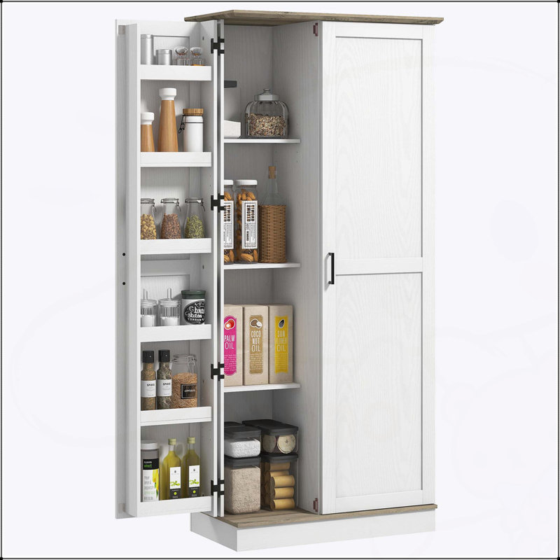 Grand garde-manger moderne avec 6 étagères à épices et tablettes réglables, finition blanc crème