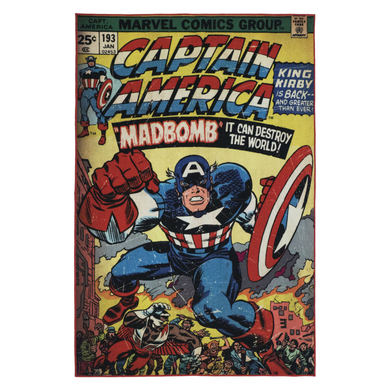 Licensed Disney Marvel Captain America Comic Multi-Colored Digital Printed Easy Care Non-Slip Polypropylene Youth Area Rug, 4'6"x6'6"