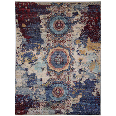 Tapis bleu marine et rouge de haute qualité noué à la main