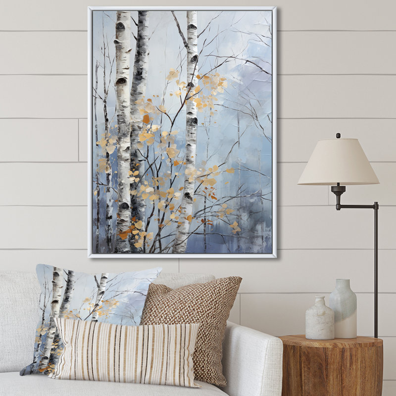 «Silver Blue Tree Birchs Breath II», reproduction sur toile, Cadre flottant blanc, H 20 po x l 12 po x P 1 po