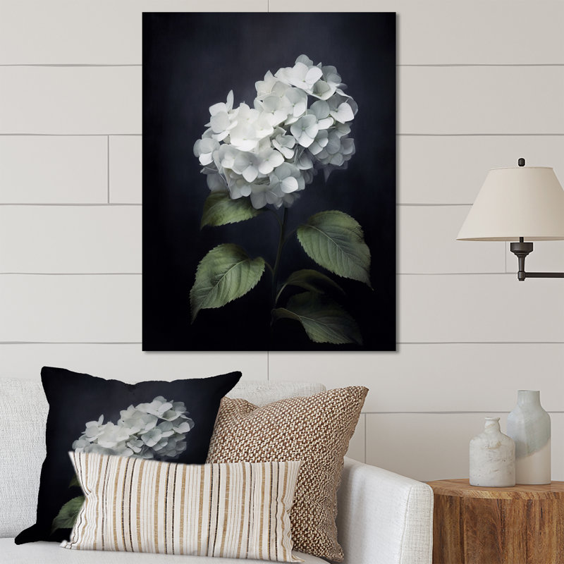 Fleurs blanches noires d'hortensia - art mural floral en métal, H 32 po x l 16 po x P 1 po