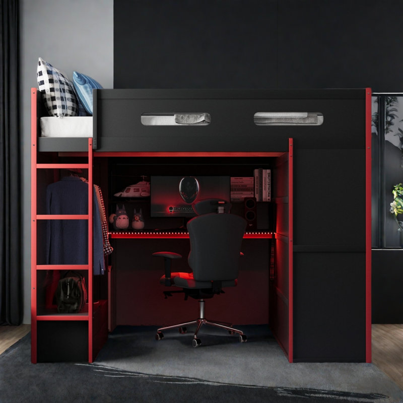 Lit mezzanine double en bois avec bureau, garde-robe, grand espace de rangement et lumière DEL RVB, Rouge
