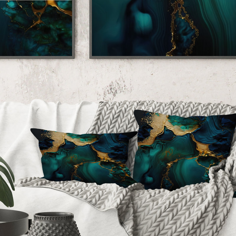 Coussin décoratif abstrait en marbre vert et doré Abstract Geode