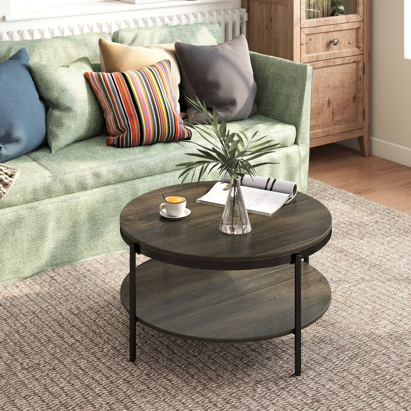 Sidney Round Coffee Table With 2-Tier Storage Shelves For Living Room, Gray