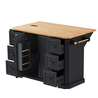 56 Inch Kitchen Island With Drop Leaf, Power Outlet, And Ample Storage On Wheels, Perfect For Modern And Rustic Kitchens.