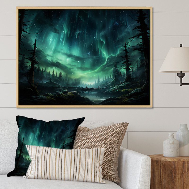Northern Lights Starry Night I - Landscapes Wall Art Prints, H 34 po x l 44 po x P 1,5 po, Cadre naturel flottant