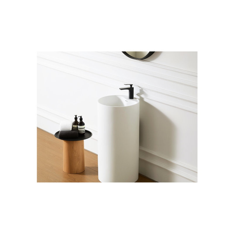 Luxury Modern Solid Surface Pedestal Sink Basin 66S - 08 For Bathroom, 17.66" Width, 35.69" Height, Matte White Finish, Overflow Drain, And Space Saving Minimalist Bathroom 08, Width Depth, Non