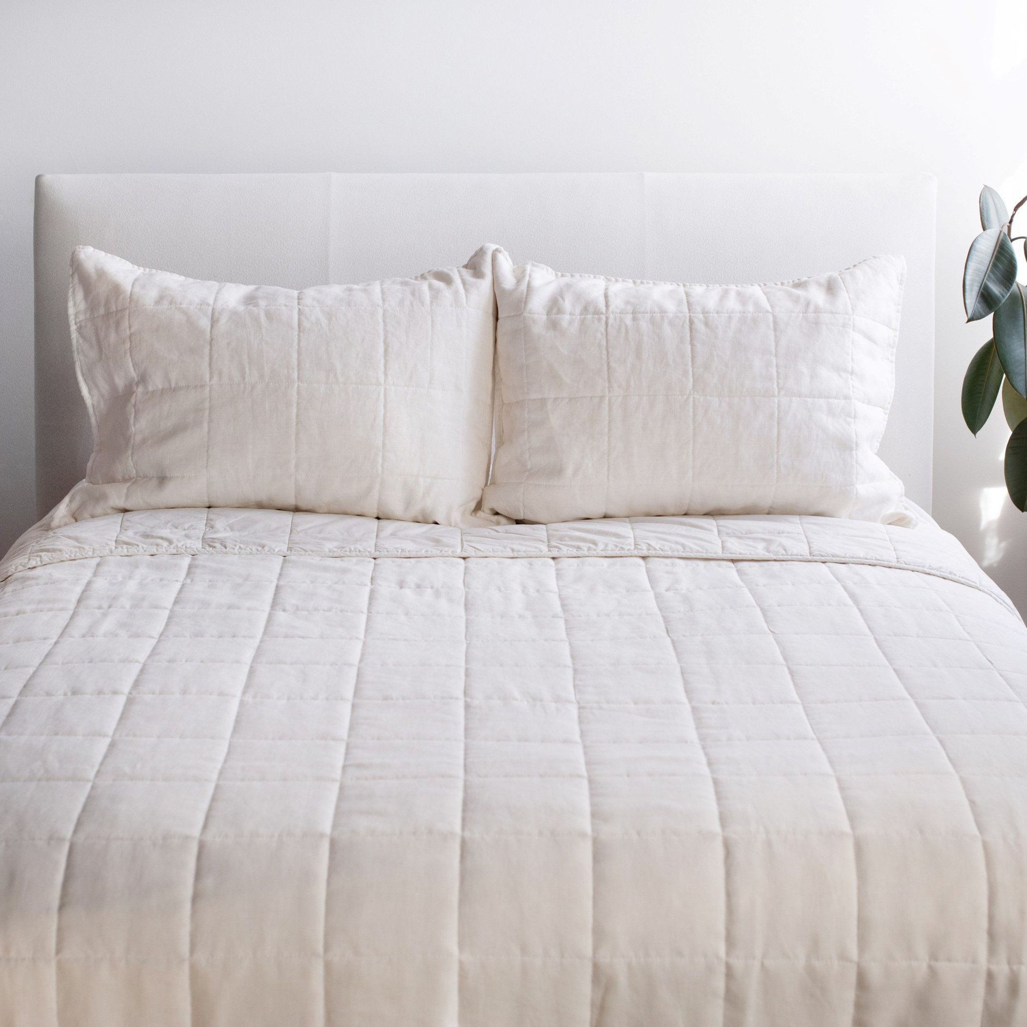 French Linen Box Stitch Quilted Sham Set, Queen, Cream