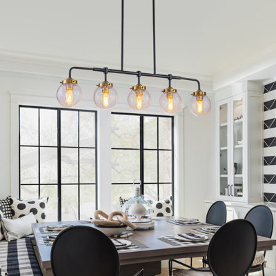 Modern 5-Light Island Chandelier with Crackled Glass Shades - Matte Black & Antique Copper