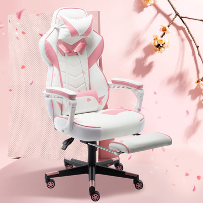 KINWELL Adjustable Reclining Ergonomic Faux Leather Swiveling PC & Racing Game Chair in White/Pink