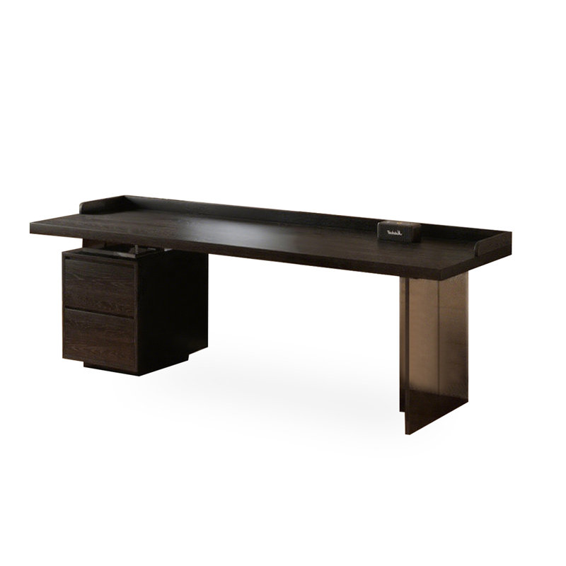 Bureau moderne moderne en bois massif noir avec 2 tiroirs, Retour à gauche, 29.53" H x 86.61" W x 23.62" D