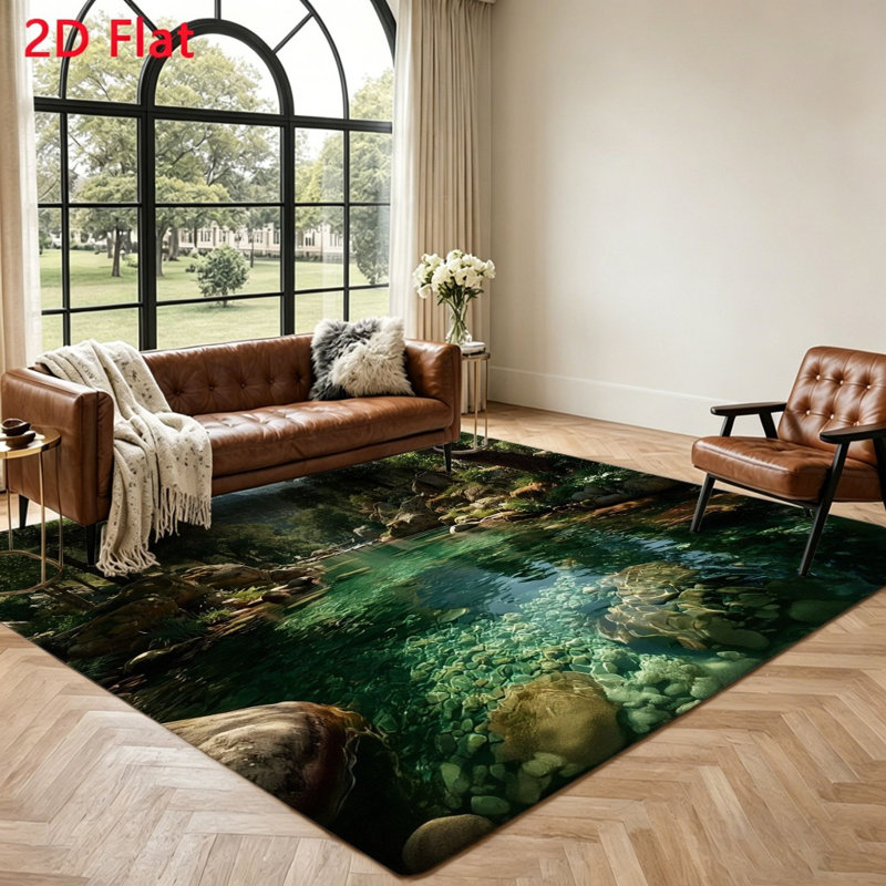 Realistic Nature Scene Rug, Forest River Area, Crystal Clear Water Floor Mat, Durable Non-Slip Carpet for Living Room, Bedroom, Outdoor Decor, Home and Accessories