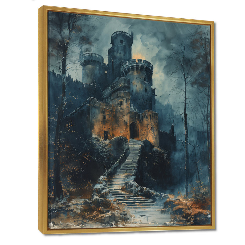 «Gothic Winter Castle of Darkness At Night - Castles», art mural, Toile avec cadre flottant or, H 32 po x l 16 po x P 1 po