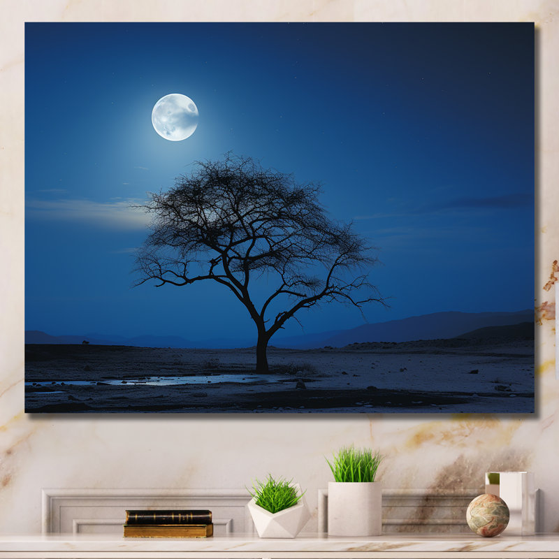 Bleu au clair de lune, arbre, désert - art mural arbre, H 24 po x l 32 po x P 1 po, Toile tendue