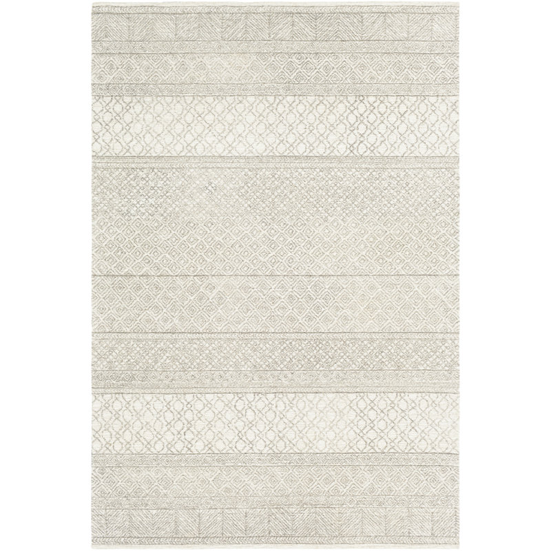 Tapis en laine gris et crème à motif géométrique touffeté à la main Abdera, Rectangle 3 pi x 5 pi