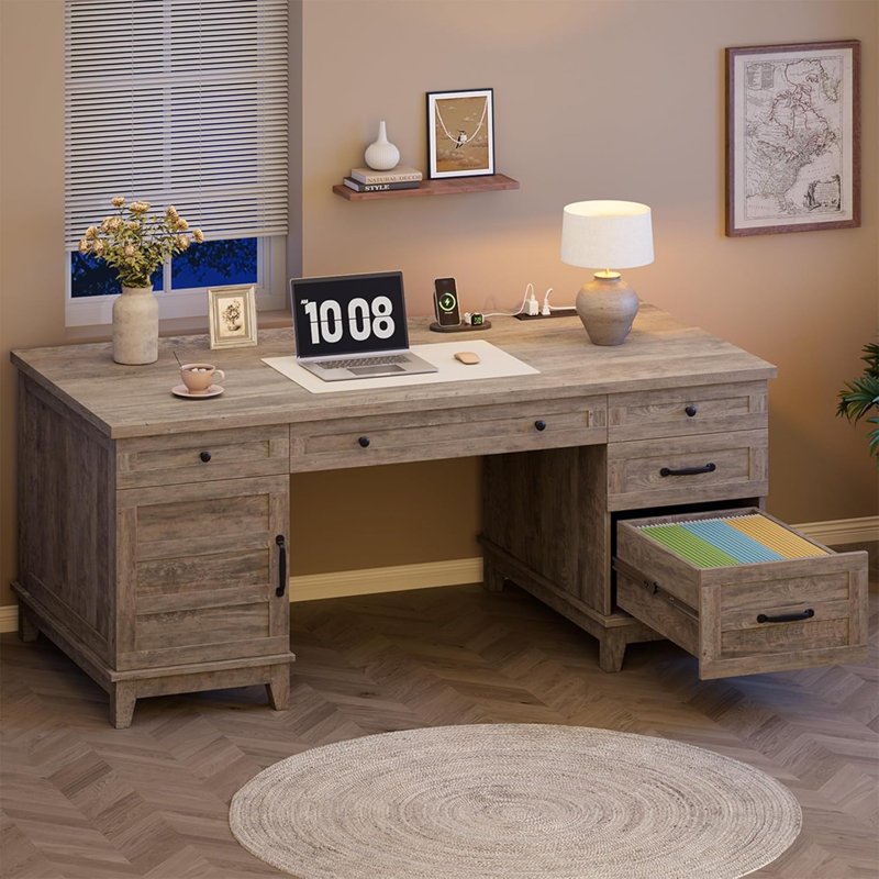 60" Wooden Home Office Desk with File Drawers, Executive Desk with Adjustable Cabinet, Gray/Gray