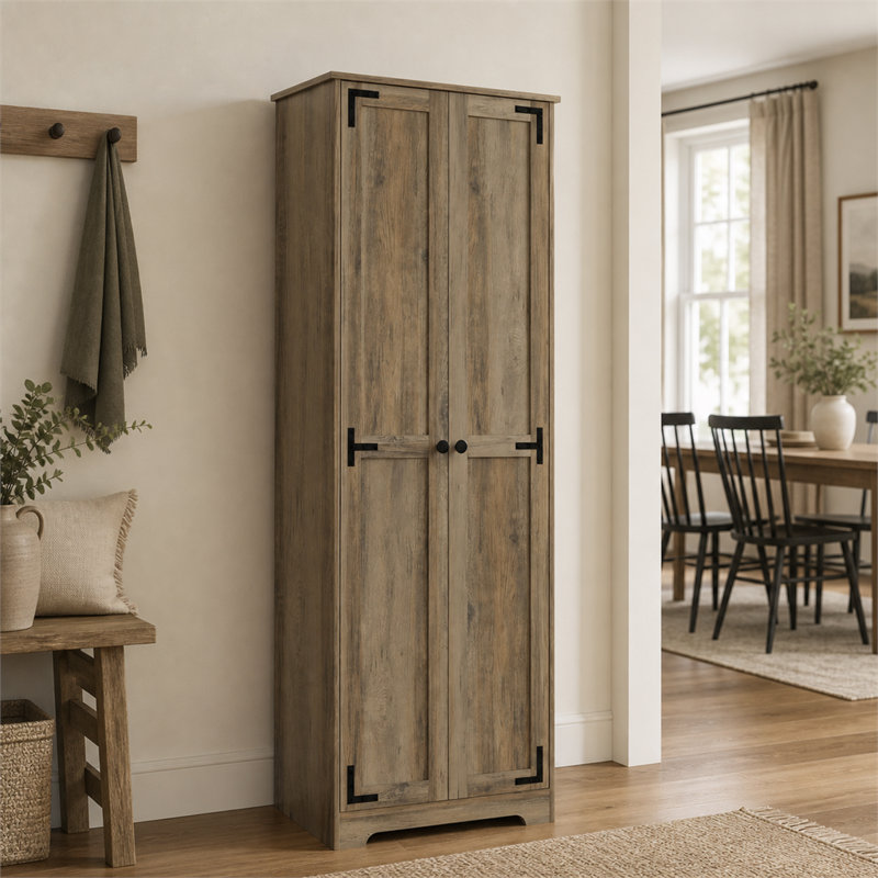 Grand garde-manger autoportant de 170 pouces de style campagnard gris vieilli avec tablettes intérieures réglables