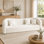 91'' Modern Curved Sherpa Sofa, 4-Seater Deep Seat Cream Couch with Solid Wood Frame & 3 Throw Pillows