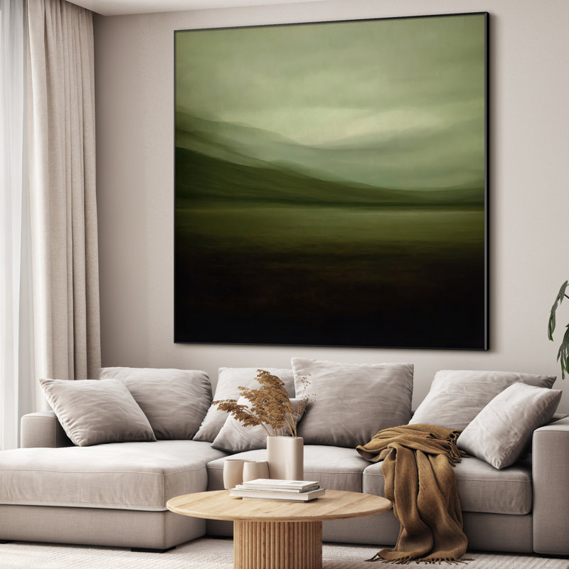 Très grand art mural vert Moody - reproduction abstraite de montagne et de champ pour le salon ou la chambre à coucher, assemblage de cadre requis
