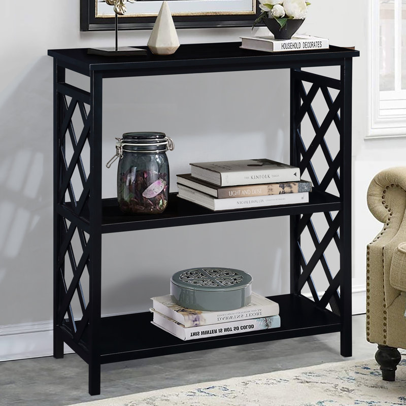 Console Table 3-Tier With Storage Shelves,Open Bookshelf Bookcase With Solid Wood Legs, Black