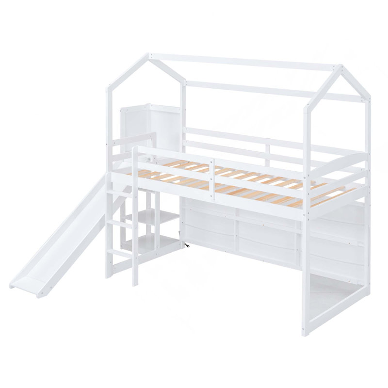 Lit mezzanine simple en bois avec glissade, tablettes de rangement et rampe d'escalade, Blanc