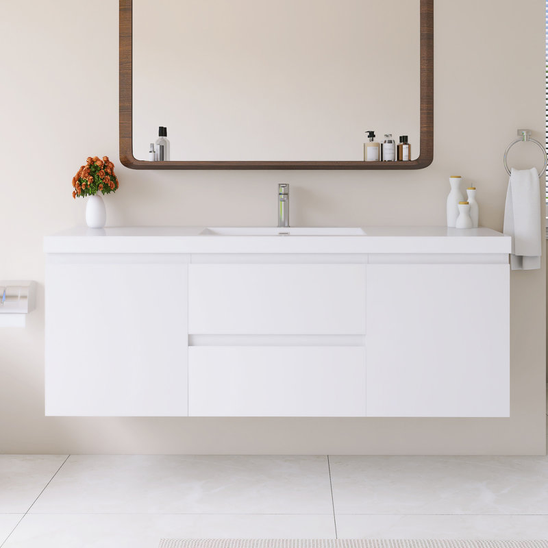 Meuble-lavabo simple 60 po avec plateau en résine intégré blanc 60 po, Blanc, 60"