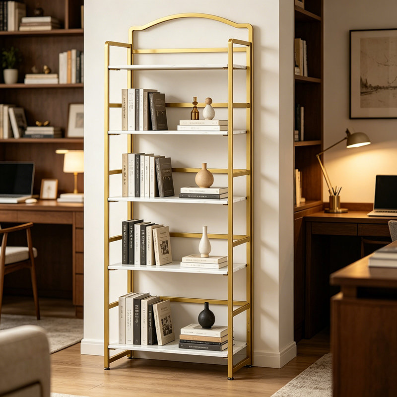 Bibliothèque pliante à 5 niveaux, bibliothèque pliable arquée pour le bureau de la chambre à coucher du salon, sans assemblage