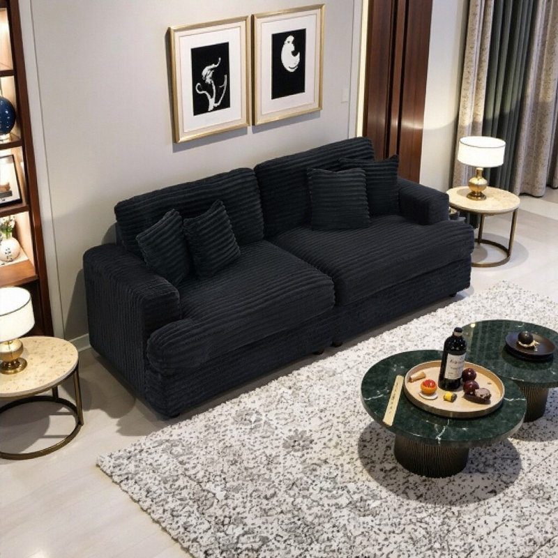 Canapé moderne en velours côtelé 3 places avec coussins décoratifs - Spacieux et confortable salon indispensable, Noir