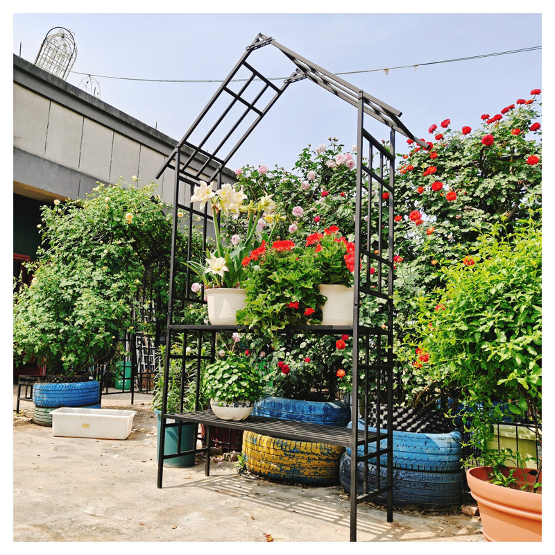 Arche de jardin en métal avec banc intégré et support à fleurs, tonnelle en fer noir pour patio extérieur, l 58,07 po x P 16,93 po x H 97,24 po
