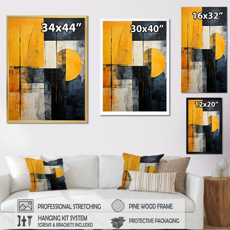 Lemon Loops Abstract Shapes - Formes abstraites, art mural, salon, Cadre flottant noir, H 44 po x l 34 po x P 1,5 po
