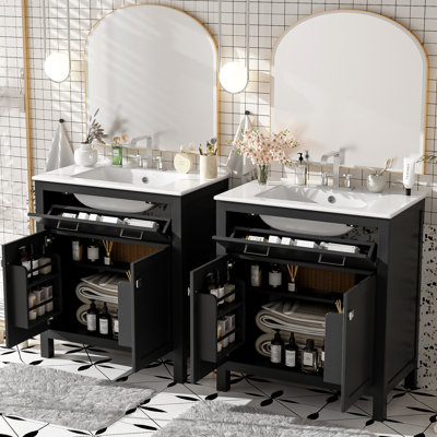Meuble-lavabo double 60 po, lavabos en céramique, tablette réglable, charnières à fermeture silencieuse, tiroir rabattable