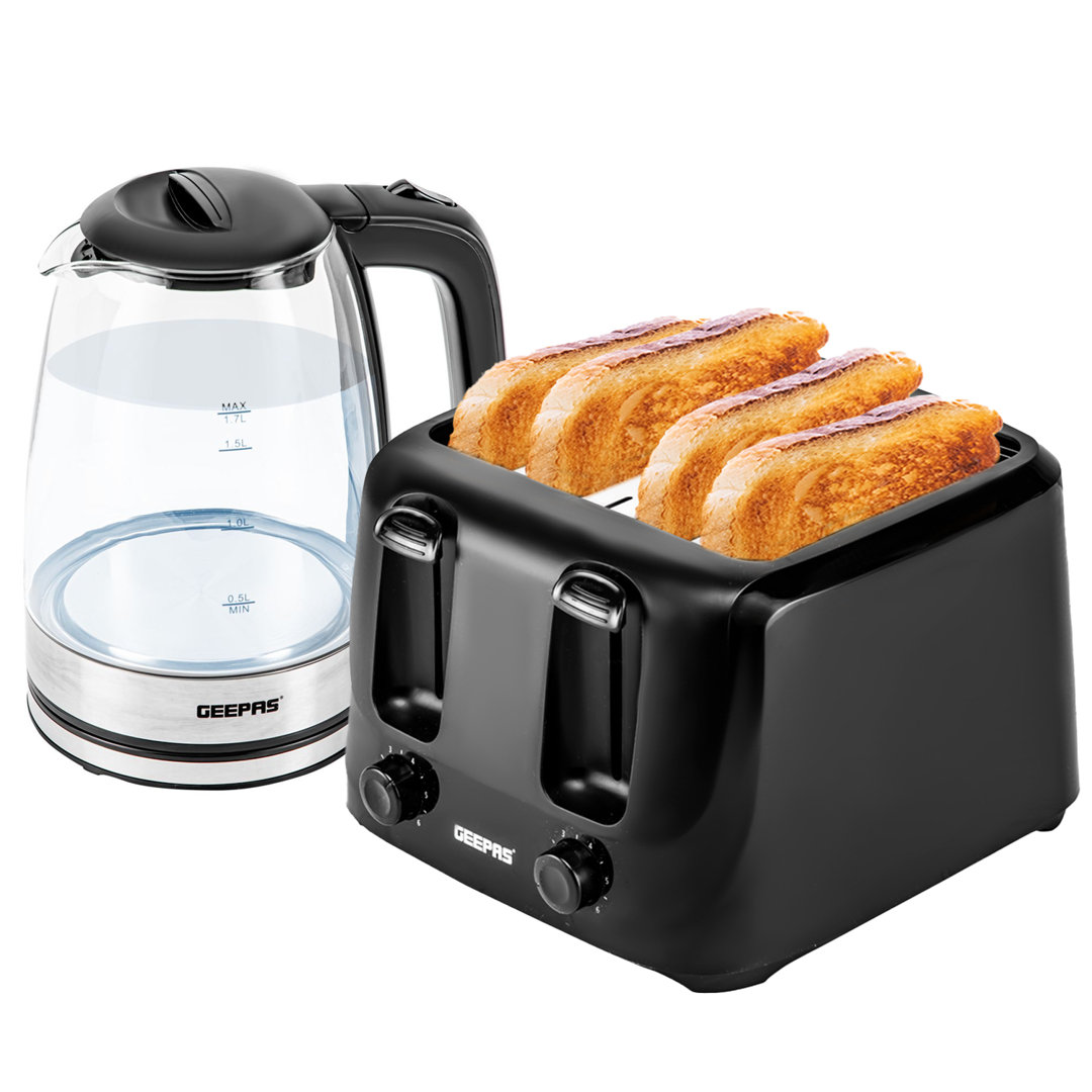 GEEPAS 4 Slice Bread Toaster & 1.7L Illuminating Electric Glass Kettle Set 2200W Cordless Jug Kettle, Auto Shut Off & Boil Dry Sensor 1400W Toaster wi