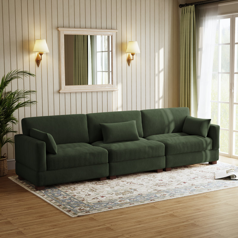 Maelina 3 - Piece Upholstered Green Corduroy Modular Sectional Sofa with Pillow Back and Solid Wood Legs, Green