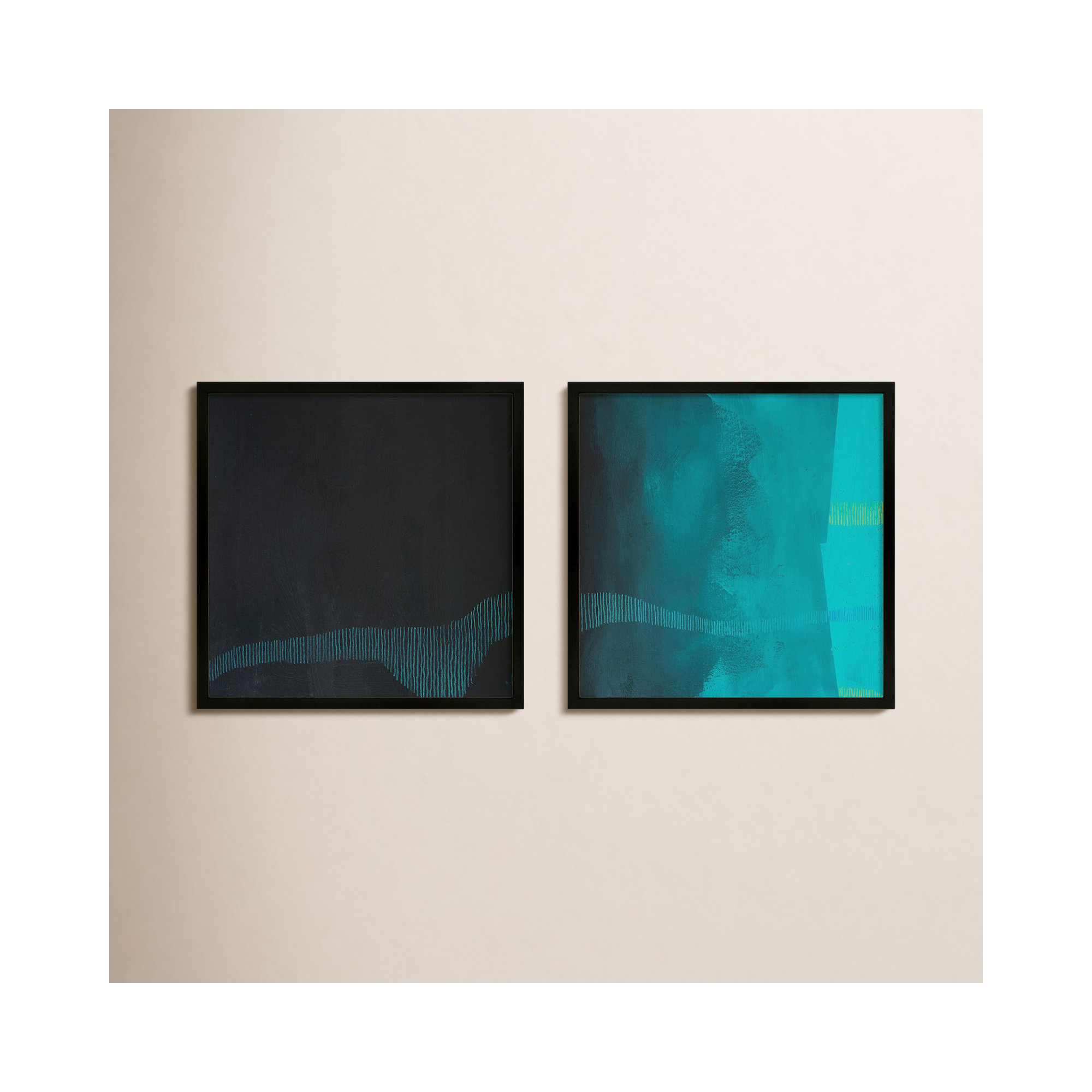 Delta Wave 3 & 4. Set Of 2 by Jacques Pilon, 16" H x 16" W x 1.25" D, Black Framed