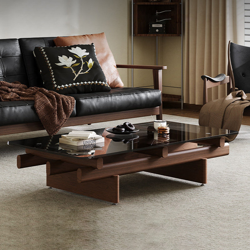 Table basse rectangulaire en bois massif et verre